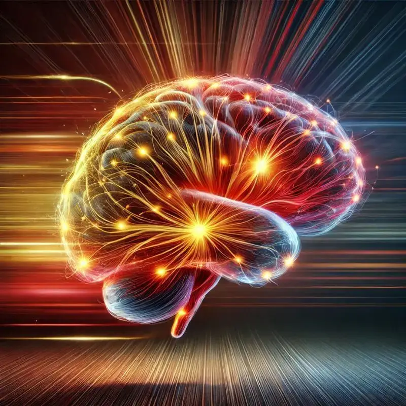 Why do I have trouble speaking when nervous? An artistic depiction of a human brain with glowing neural connections, representing rapid thinking under stress.