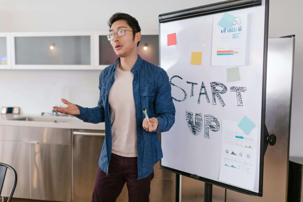 Leader speaking to a team while AI-generated text fades into the background